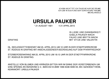 Traueranzeige von Ursula Pauker von Süddeutsche Zeitung