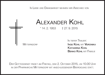Traueranzeige von Alexander Kohl von Süddeutsche Zeitung