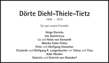 Traueranzeige von Dörte Diehl-Thiele-Tietz von Süddeutsche Zeitung