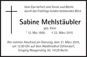 Traueranzeige von Sabine Mehlstäubler von Süddeutsche Zeitung