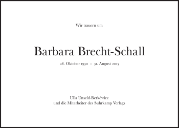 Traueranzeige von Barbara Marie Brecht-Schall von Süddeutsche Zeitung