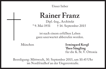 Traueranzeige von Rainer Franz von Süddeutsche Zeitung