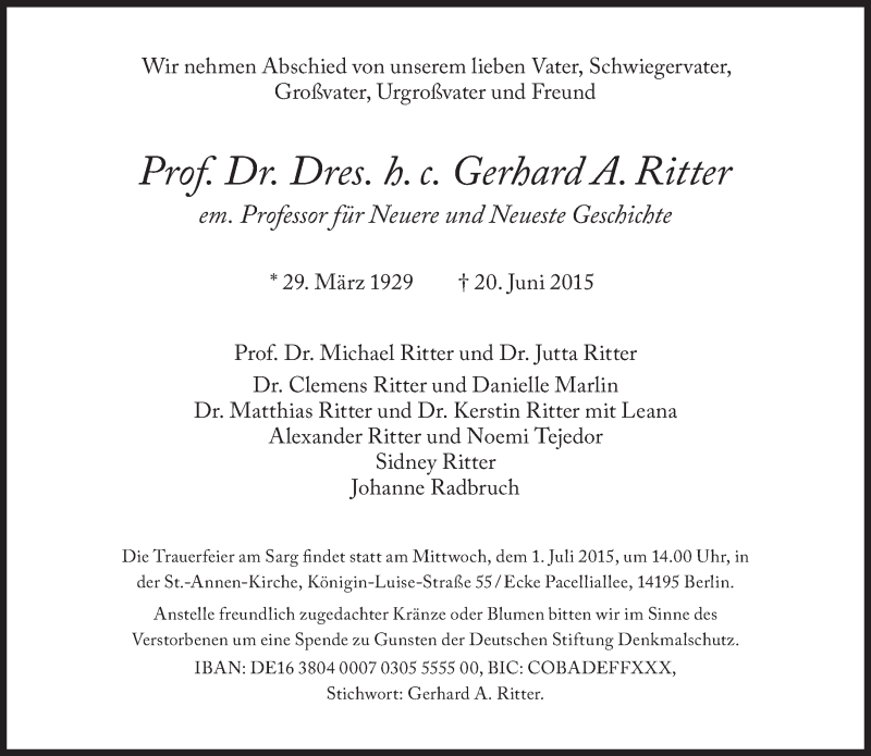  Traueranzeige für Gerhard Ritter vom 27.06.2015 aus Süddeutsche Zeitung