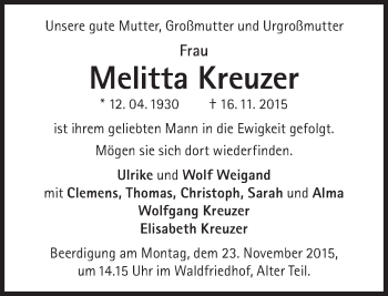 Traueranzeige von Melitta Kreuzer von Süddeutsche Zeitung