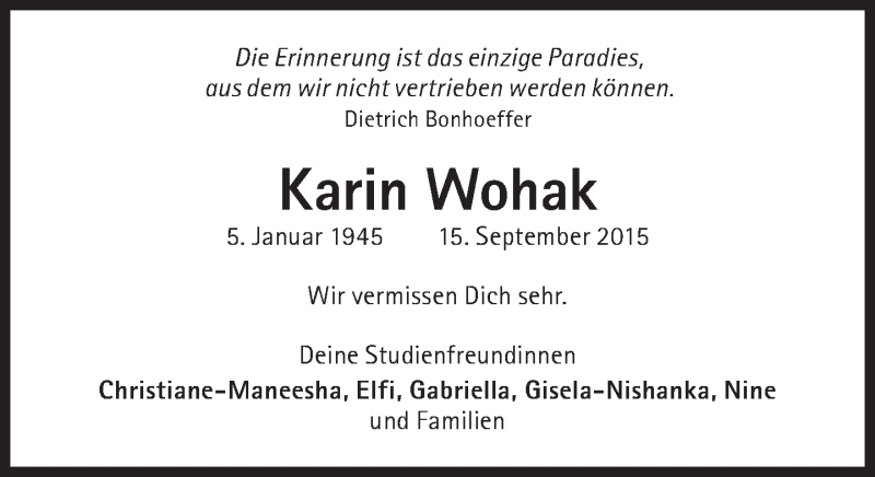  Traueranzeige für Karin Wohak vom 02.10.2015 aus Süddeutsche Zeitung