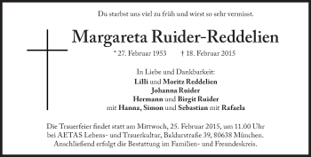 Traueranzeige von Margareta Ruider-Reddelien von Süddeutsche Zeitung