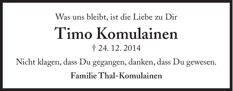  Traueranzeige für Timo Komulainen vom 24.12.2015 aus Süddeutsche Zeitung