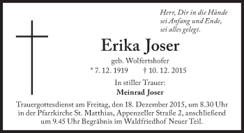 Traueranzeige von Erika Joser von Süddeutsche Zeitung