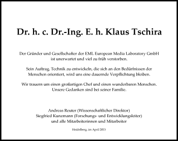 Traueranzeige von Klaus Tschira von Süddeutsche Zeitung