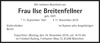 Traueranzeige von Ilse Breitenfellner von Süddeutsche Zeitung
