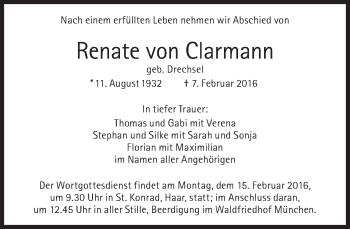 Traueranzeige von Renate von Clarmann von Süddeutsche Zeitung