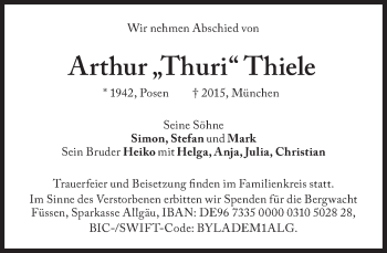 Traueranzeige von Arthur Thiele von Süddeutsche Zeitung