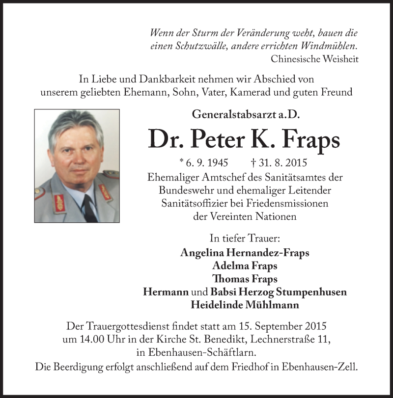  Traueranzeige für Peter K. Fraps vom 05.09.2015 aus Süddeutsche Zeitung