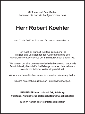 Traueranzeige von Robert Koehler von Süddeutsche Zeitung