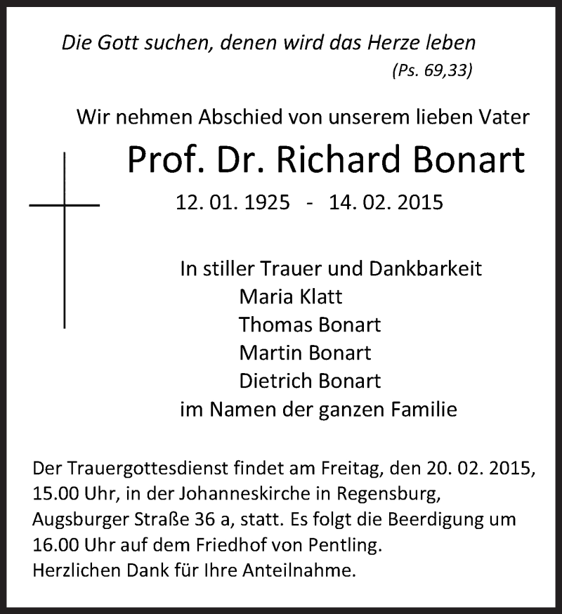  Traueranzeige für Richard Bonart vom 18.02.2015 aus Süddeutsche Zeitung