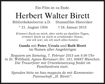 Traueranzeige von Herbert Walter Birett von Süddeutsche Zeitung