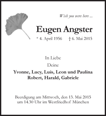 Traueranzeige von Eugen Angster von Süddeutsche Zeitung