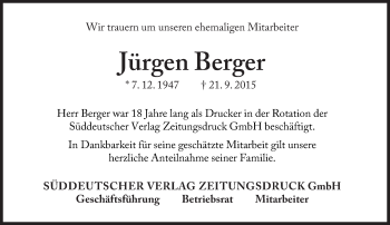 Traueranzeige von Jürgen Berger  von Süddeutsche Zeitung