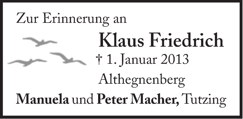  Traueranzeige für Klaus Friedrich vom 31.12.2015 aus Süddeutsche Zeitung