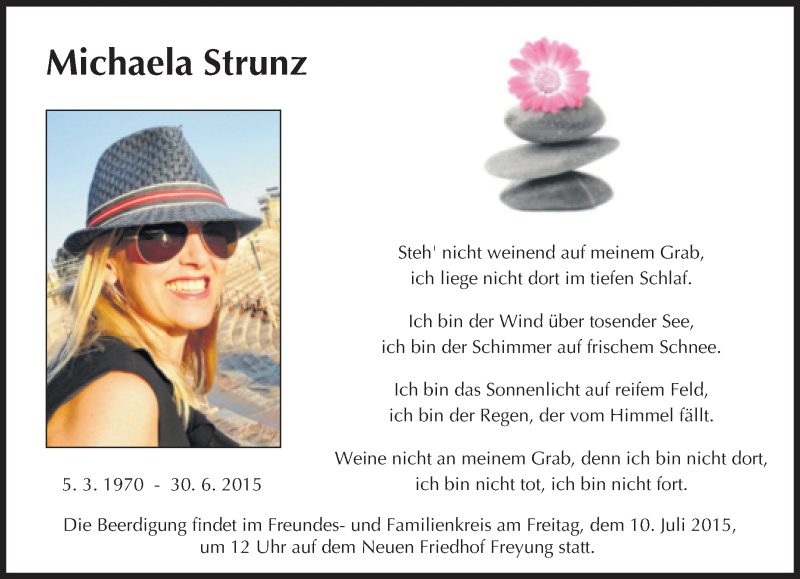  Traueranzeige für Michaela Strunz vom 08.07.2015 aus Süddeutsche Zeitung