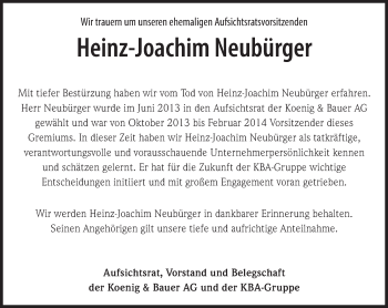 Traueranzeige von Heinz-Joachim Neubürger von Süddeutsche Zeitung