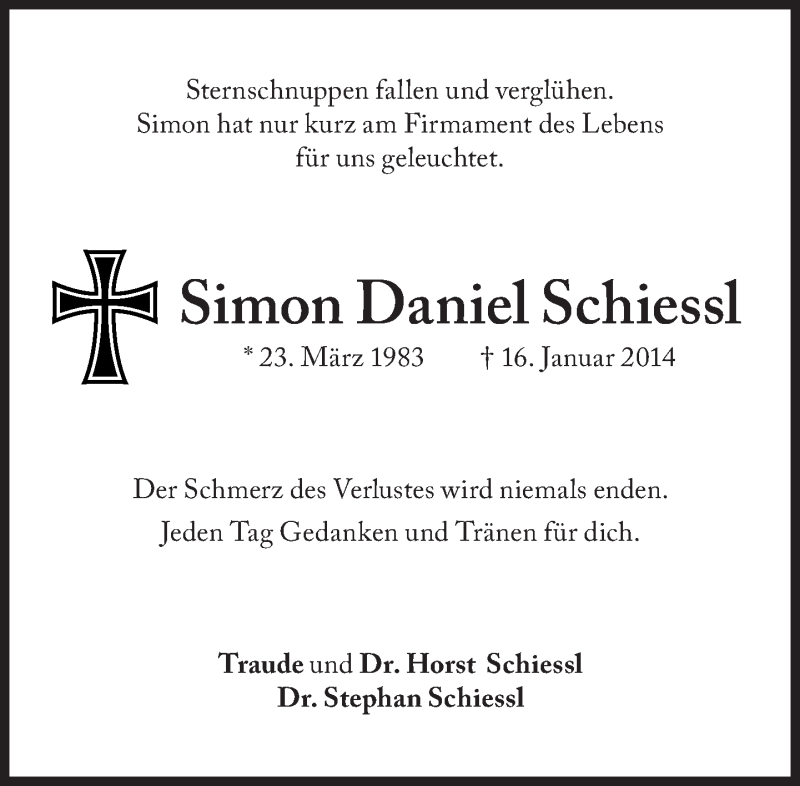  Traueranzeige für Simon Daniel Schiessl vom 17.01.2015 aus Süddeutsche Zeitung