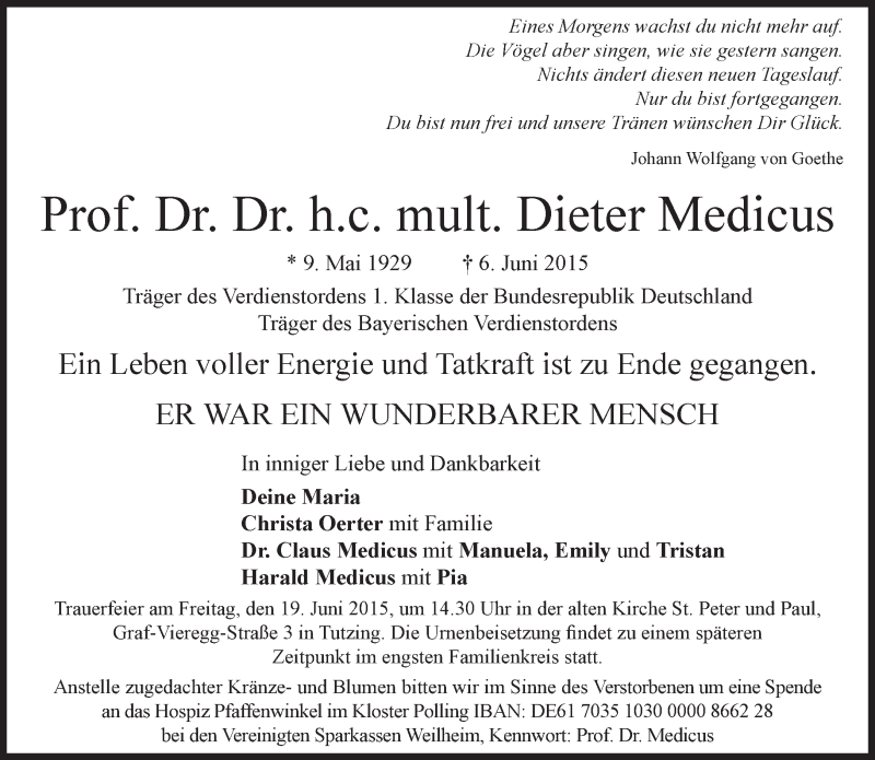  Traueranzeige für Dieter Medicus vom 13.06.2015 aus Süddeutsche Zeitung