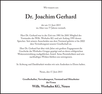 Traueranzeige von Joachim Gerhard von Süddeutsche Zeitung