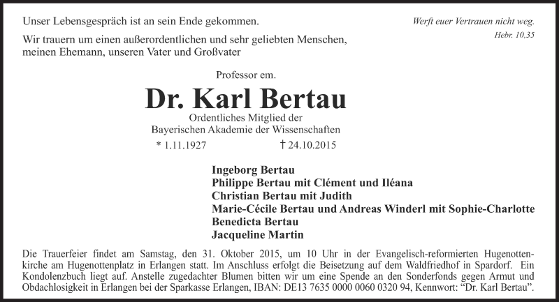  Traueranzeige für Karl Bertau vom 28.10.2015 aus Süddeutsche Zeitung