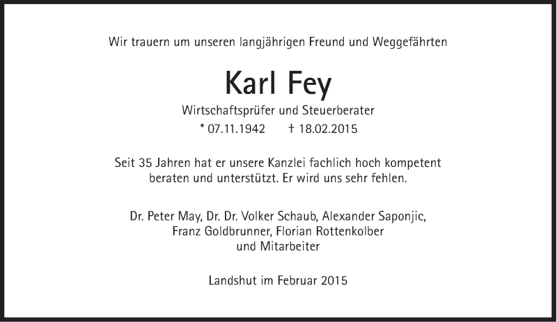  Traueranzeige für Karl Fey vom 24.02.2015 aus Süddeutsche Zeitung