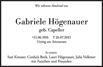 Traueranzeige von Gabriele Högenauer von Süddeutsche Zeitung