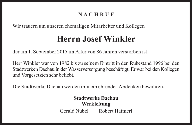  Traueranzeige für Josef Winkler vom 09.09.2015 aus Süddeutsche Zeitung