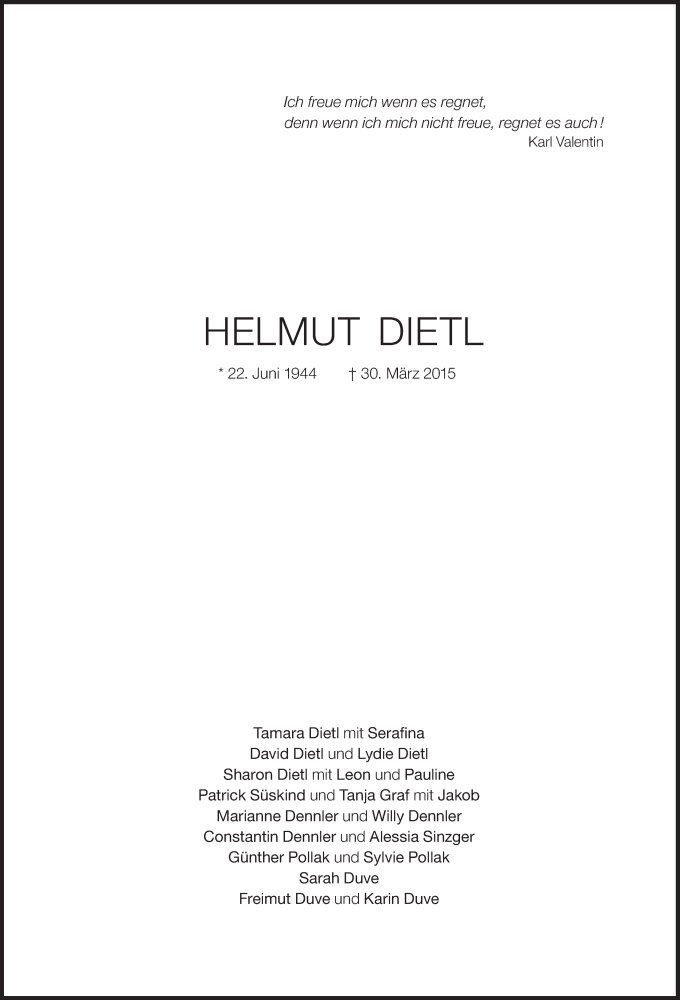  Traueranzeige für Helmut Dietl vom 01.04.2015 aus Süddeutsche Zeitung