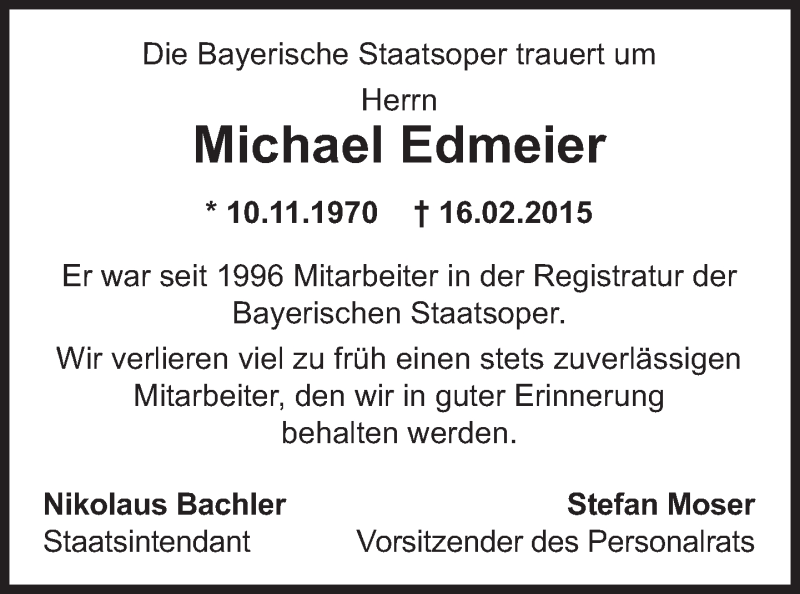  Traueranzeige für Michael Edmeier vom 21.02.2015 aus Süddeutsche Zeitung