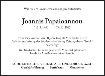 Traueranzeige von Joannis Papaioannou von Süddeutsche Zeitung