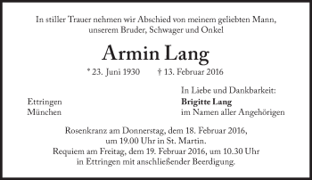 Traueranzeige von Armin Lang von Süddeutsche Zeitung