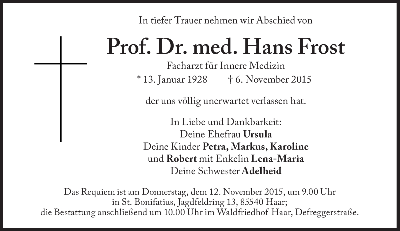  Traueranzeige für Hans Frost vom 10.11.2015 aus Süddeutsche Zeitung