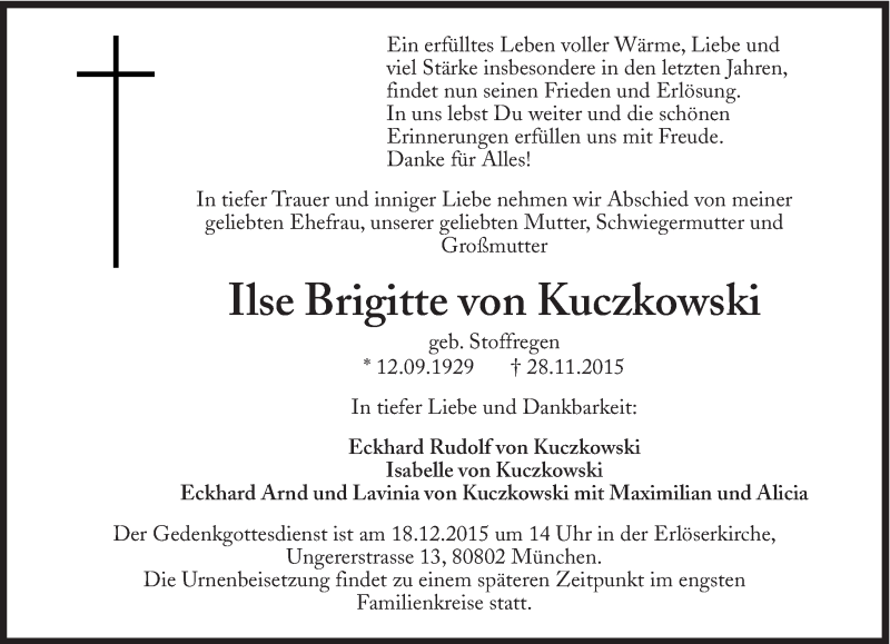  Traueranzeige für Ilse Brigitte von Kuczkowski vom 08.12.2015 aus Süddeutsche Zeitung