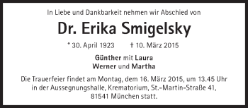 Traueranzeige von Erika Smigelsky von Süddeutsche Zeitung