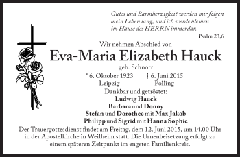 Traueranzeige von Eva-Maria Elizabeth Hauck  von Süddeutsche Zeitung