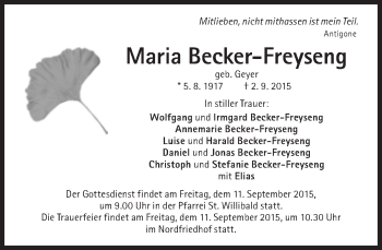 Traueranzeige von Maria Becker-Freyseng von Süddeutsche Zeitung