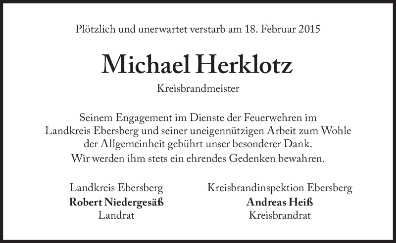  Traueranzeige für Michael Herklotz vom 24.02.2015 aus Süddeutsche Zeitung