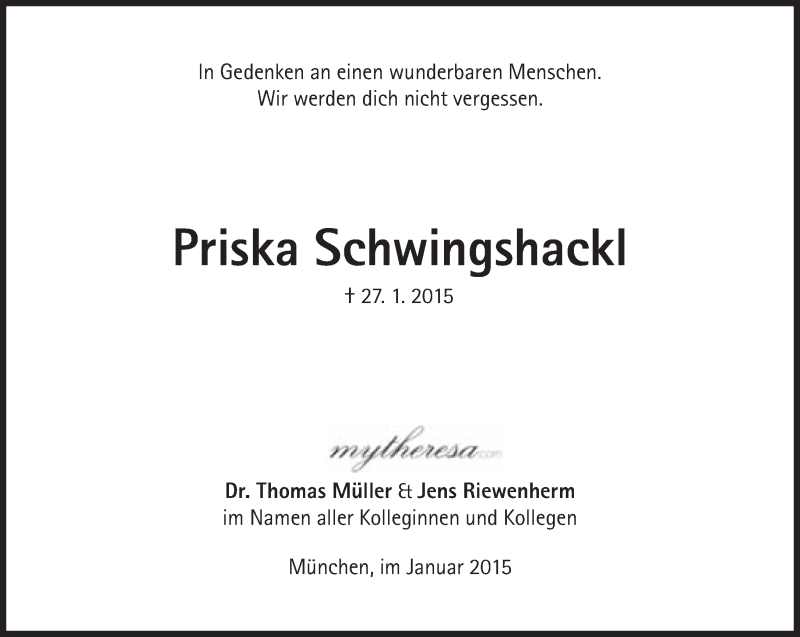  Traueranzeige für Priska Schwingshackl vom 31.01.2015 aus Süddeutsche Zeitung