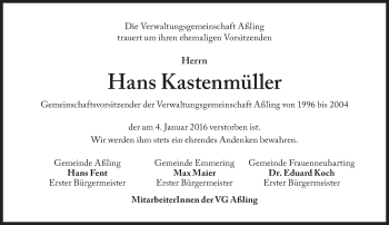 Traueranzeige von Hans Kastenmüller von Süddeutsche Zeitung