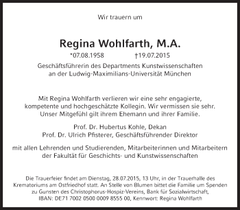 Traueranzeige von Regina Wohlfarth von Süddeutsche Zeitung