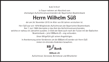 Traueranzeige von Wilhelm Süß von Süddeutsche Zeitung