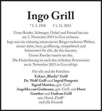 Traueranzeige von Ingo Grill von Süddeutsche Zeitung
