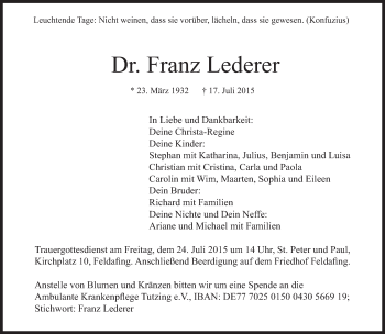 Traueranzeige von Franz Lederer von Süddeutsche Zeitung