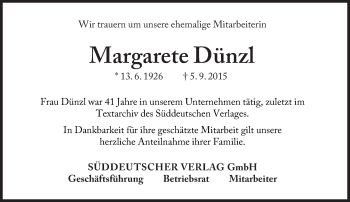 Traueranzeige von Margarete Dünzl von Süddeutsche Zeitung