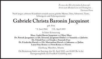 Traueranzeige von Gabriele Christa Baronin Jacquinot von Süddeutsche Zeitung